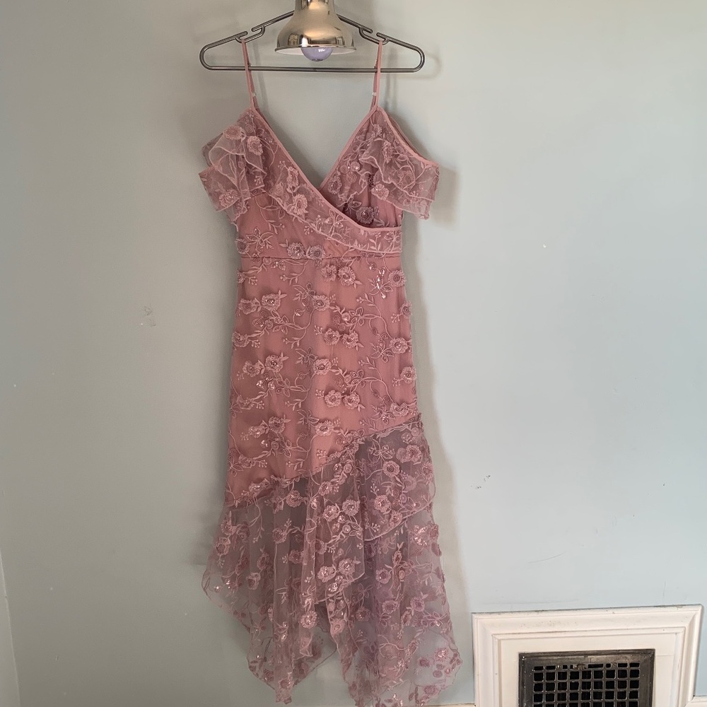 Homecoming pink mauve sequin flower overlay dress